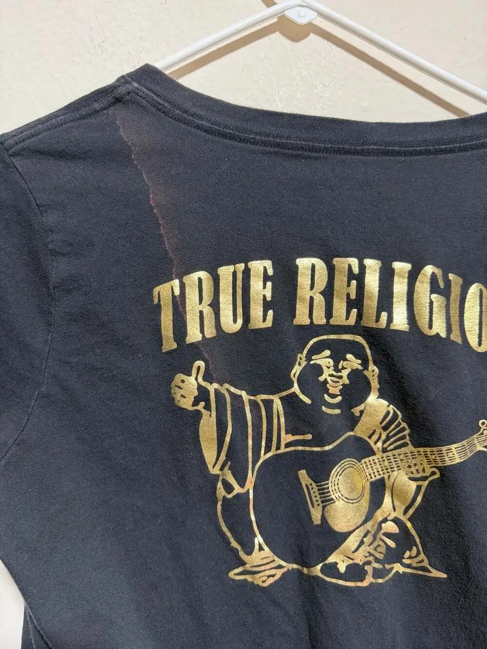 True Religion Buddha Graphic V-Neck T-Shirt Black Gold XL
